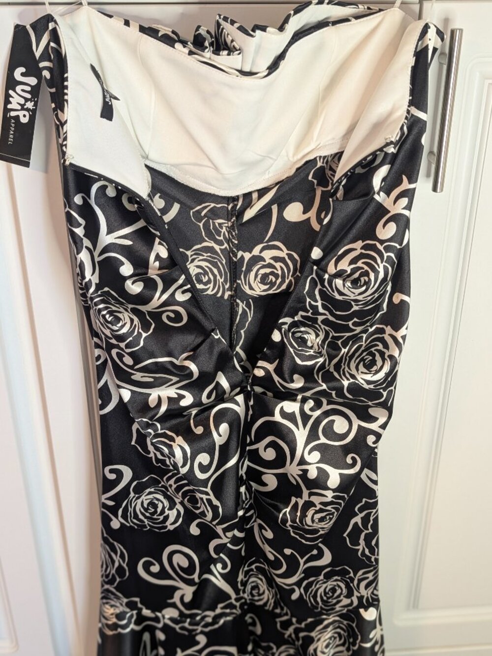 Strapless Sweetheart Satin Black Ivory Floral Mermaid Gown 8 Y2K Formal NWT - Picture 9 of 17